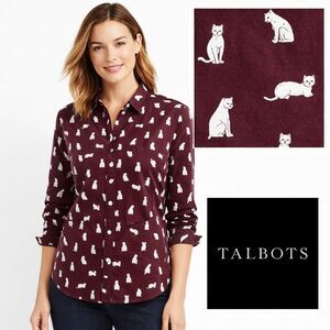TALBOTS 100% Cotton Button Up Kitty Cat Shirt Womens Sz S Burgundy Allover Print
